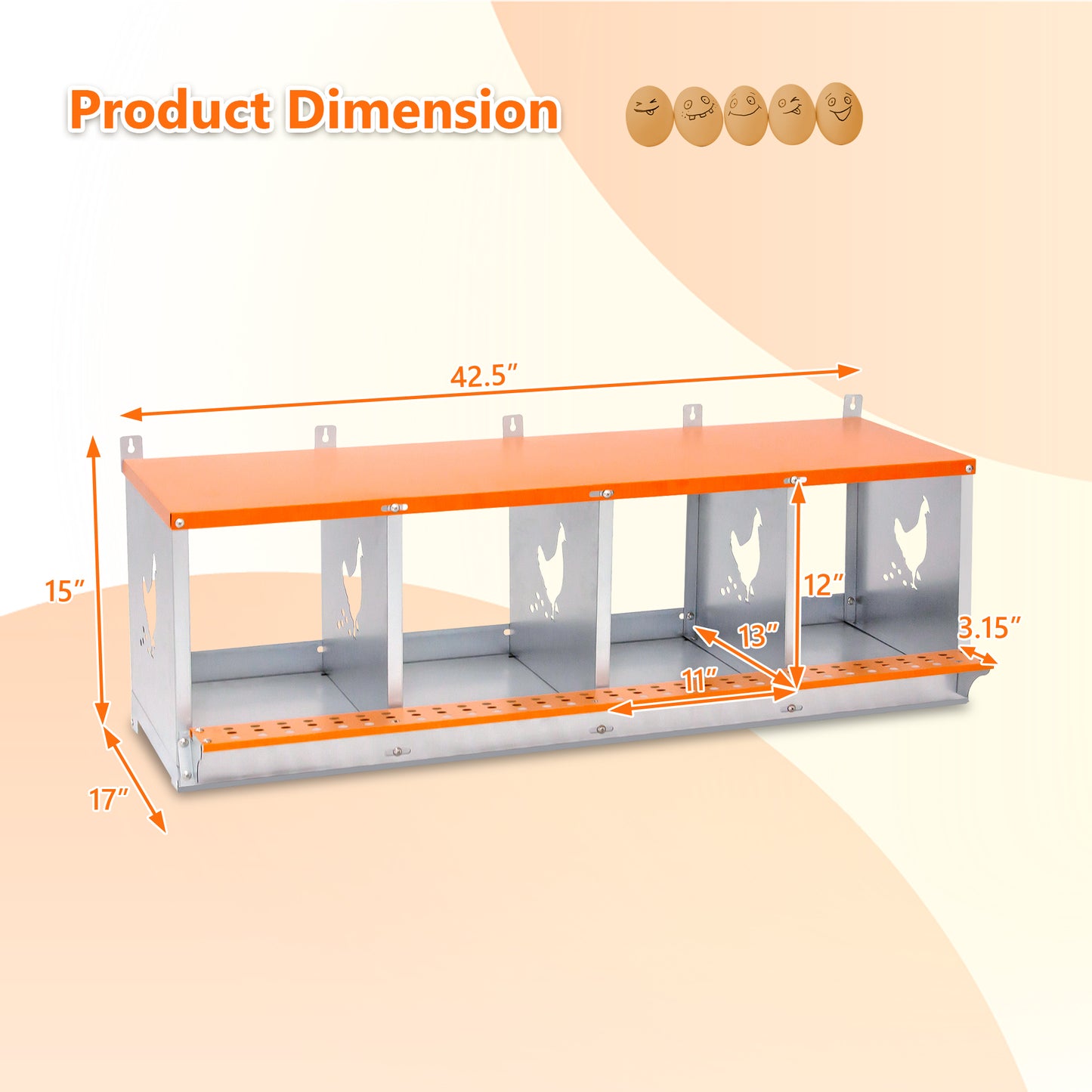 4-Bay Metal Nest Box-Wall Mount For Hens Ducks, Easy Egg Assembly, Vented Galvanized Steel Coop Equipment Orange