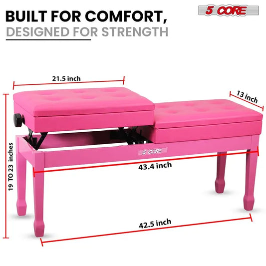 5 Core Duet Piano Bench 3.5 Inch Padded Cushioned Stool Wooden Heavy Duty Musician Chair Height Adjustable Double Keyboard Seat W Storage Nonslip Pink - PNB DT PNK
