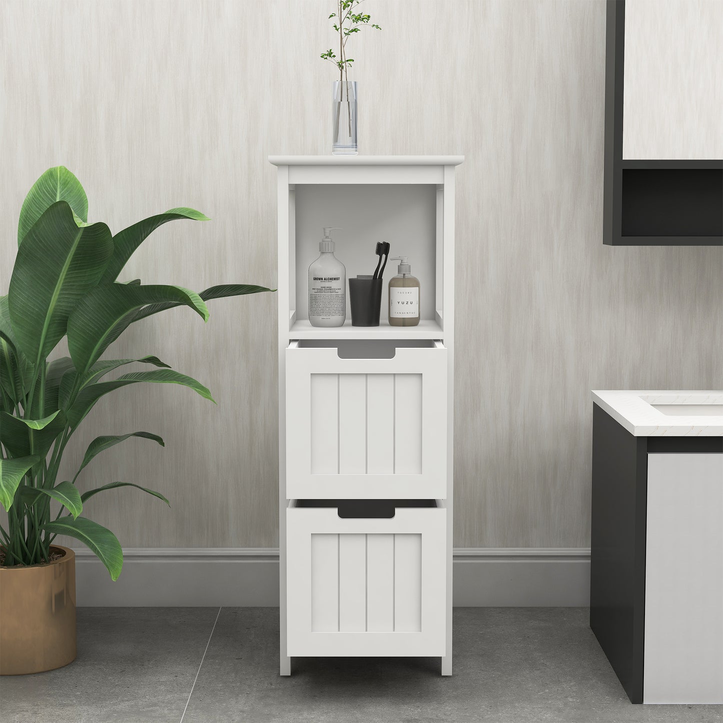 Bathroom Floor Cabinet With 2 Drawers And 1 Storage Shelf,Freestanding Wood Storage Organizer Cabinet-White
