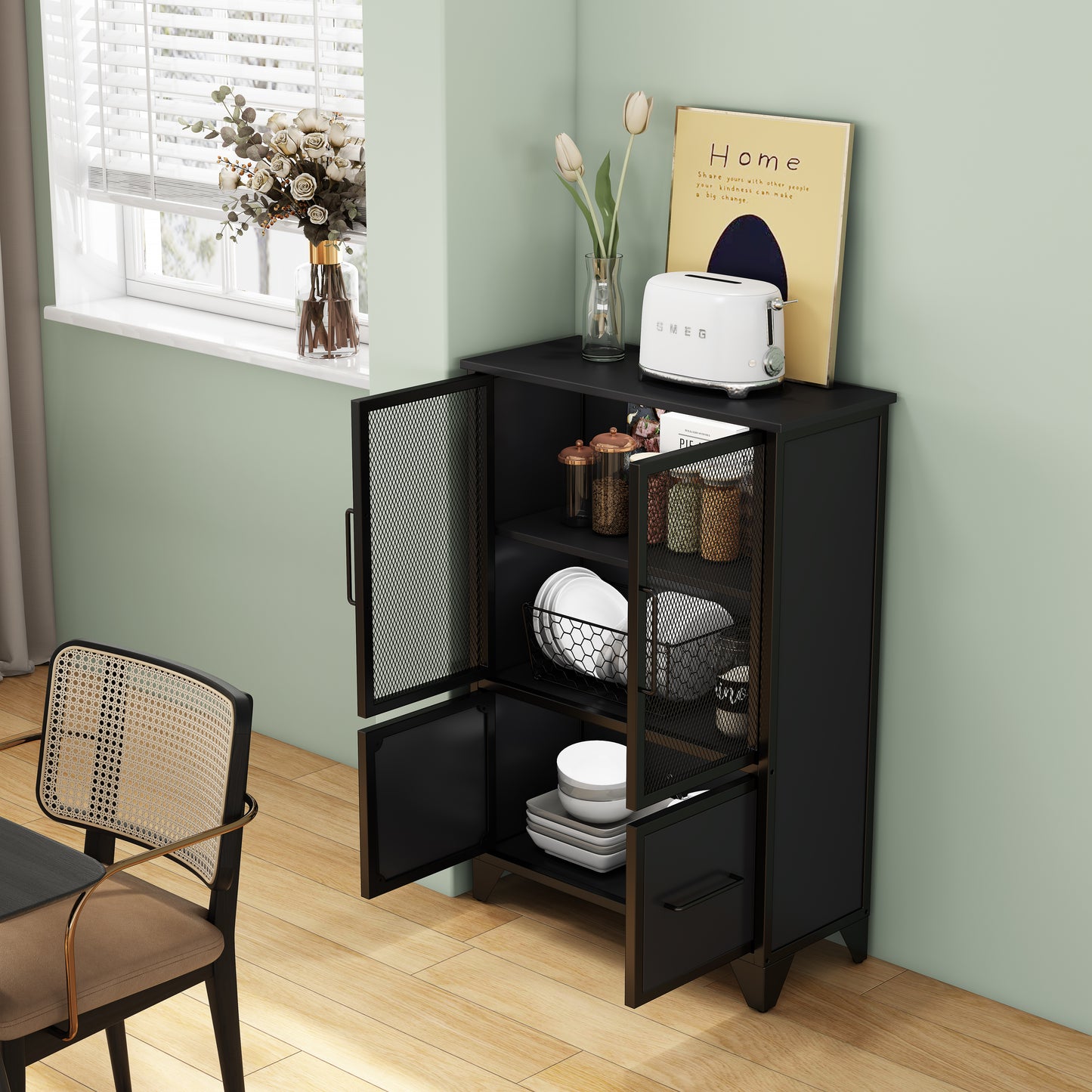 Storage Cabinet With 4 Iron Doors,Black Metal Handle,Sideboard With Adjustable Shelf,Black Sturdy Metal Frame And Metal Legs,Easy Assemble,For Living Room,Kitchen,Black