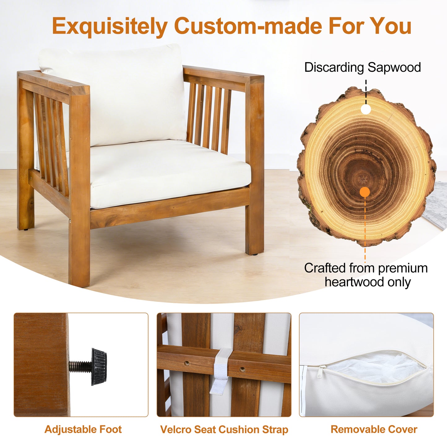 Outdoor Acacia Wood Club Chair With Modern Square Arms, Patio Chair With Thick Cushion, Adjustable Leveling Feet For Poolside, Deck, Beige Cushion