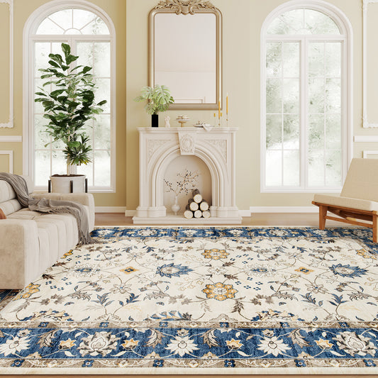 Machine Washable Area Rug 5x7, Non-Slip Boho Floral Print Floor Carpet For Living Room, Bedroom, Dining Room, Blue