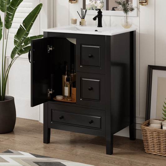 24 Inch Bathroom Vanity With Sink, One Cabinet With Soft-closing Door, 3 Soft-closing Drawers, Retro Metal Handles, Black