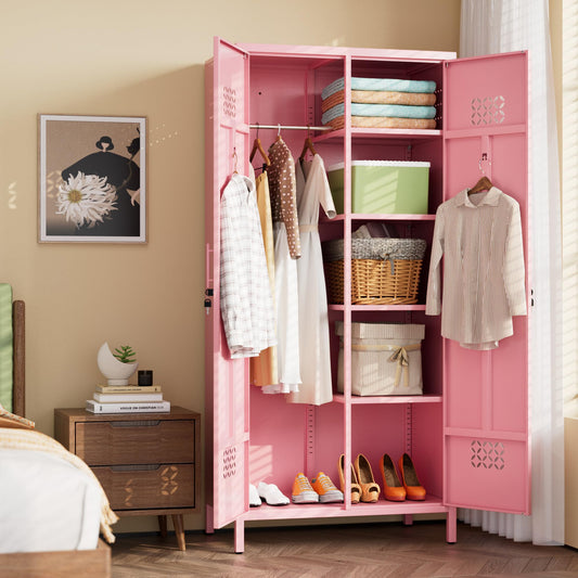METAN 71inch Hx33.5inch Wx20inch D Metal Wardrobe Closet With Lock,Extra Deep 2 Doors Metal Wardrobe Cabinet For Home,Assembly Required,Pink