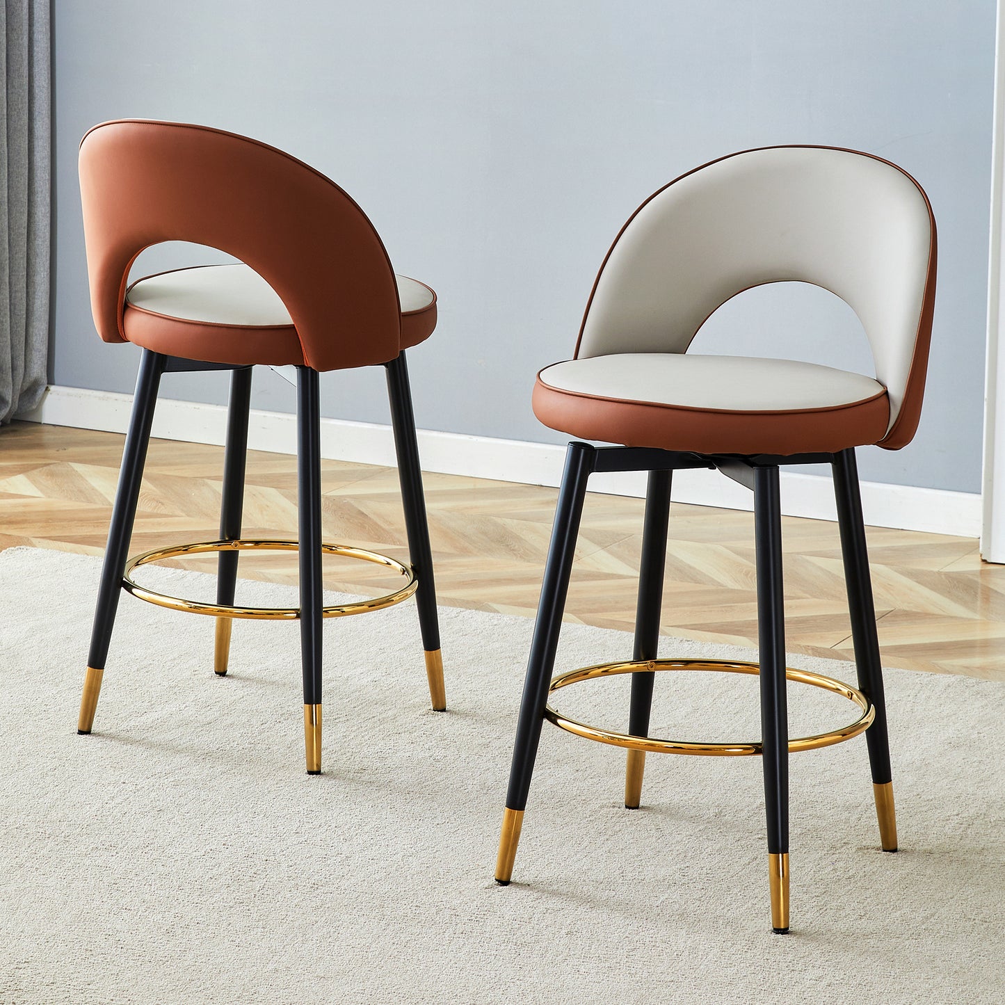 360 Rotatable Bar Chair.Modern Brown And Light Gray Spliced Color PU Comfortable Upholstered Bar Chair With Smooth And Beautiful Black Metal Legs For Dining Room, Kitchen, Terrace.Set Of 2.