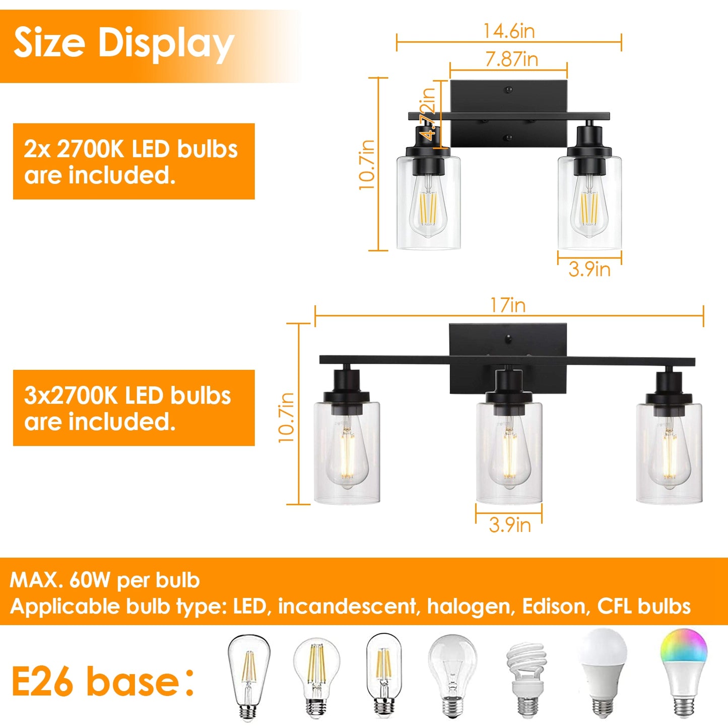 1Pc 3-Light Wall Sconce Lighting With Clear Glass Shade Bathroom Vanity Lamp Fixture Modern Mounted Light For Porch Mirror Living Room Bedroom Hallway