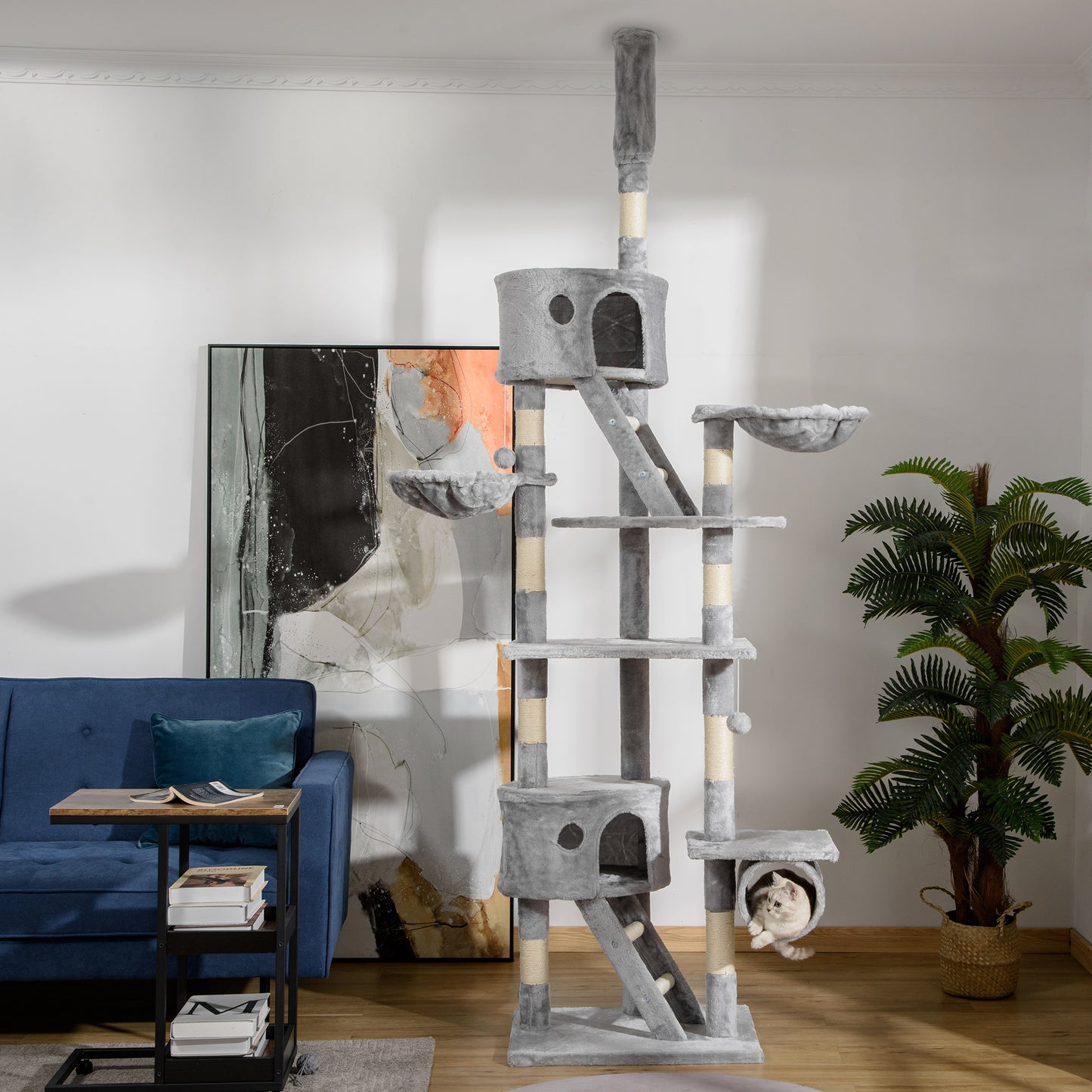 Floor To Ceiling Cat Tree, 94.5-102.5 Inch Height Adjustable Cat Climbing Tower With Scratching Posts, Condos, Hammocks