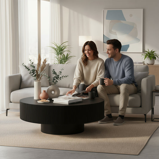 Round Coffee Table, Fluted Coffee Table With Sturdy Pedestal, Mid Century Modern Coffee Table For Living Room, Bedroom, Terrace, Office, Small Space Black Round Thick