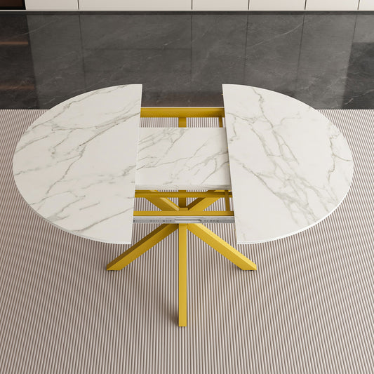 Modern And Simple Round Dining Table With Extendable Blades Carbon Steel X-shaped Base Sturdy And Durable Suitable For Restaurants Small Apartments And Kitchens Can Accommodate 4-6 People