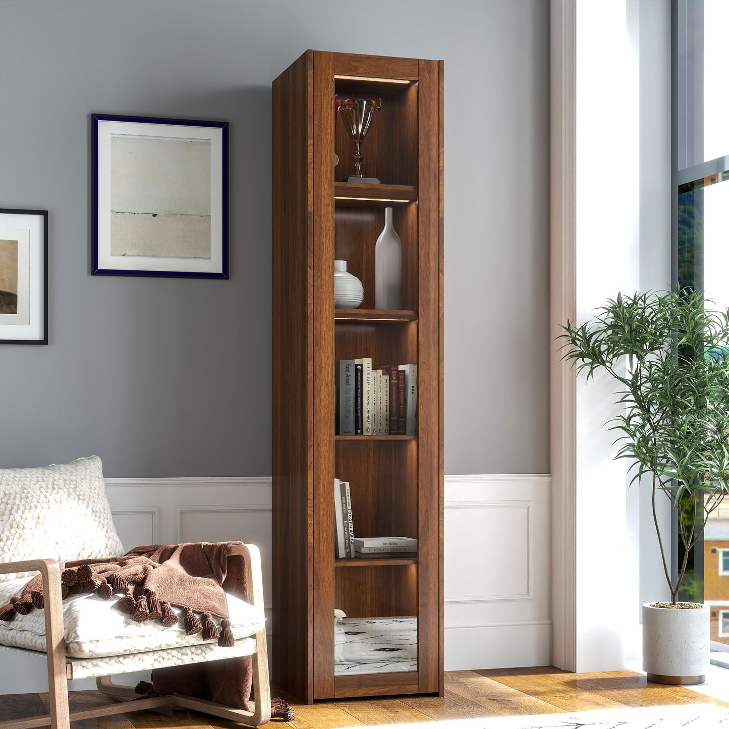 Display Cabinet With Transparent Acrylic Plate Doors, Curio Storage Cabinet With 5 Shelves, Bookcase With LED Lights