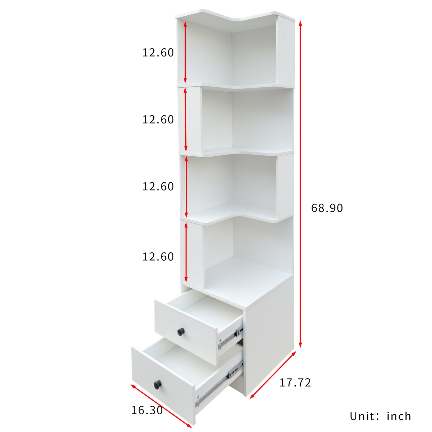 Corner BookShelf With Drawers,4-Tier Corner Bookshelf Bookcase With Baffle, Freestanding L Shaped Display Shelf Stand With Led Lights For Home Office, Living Room, Bedroom, Kitchen