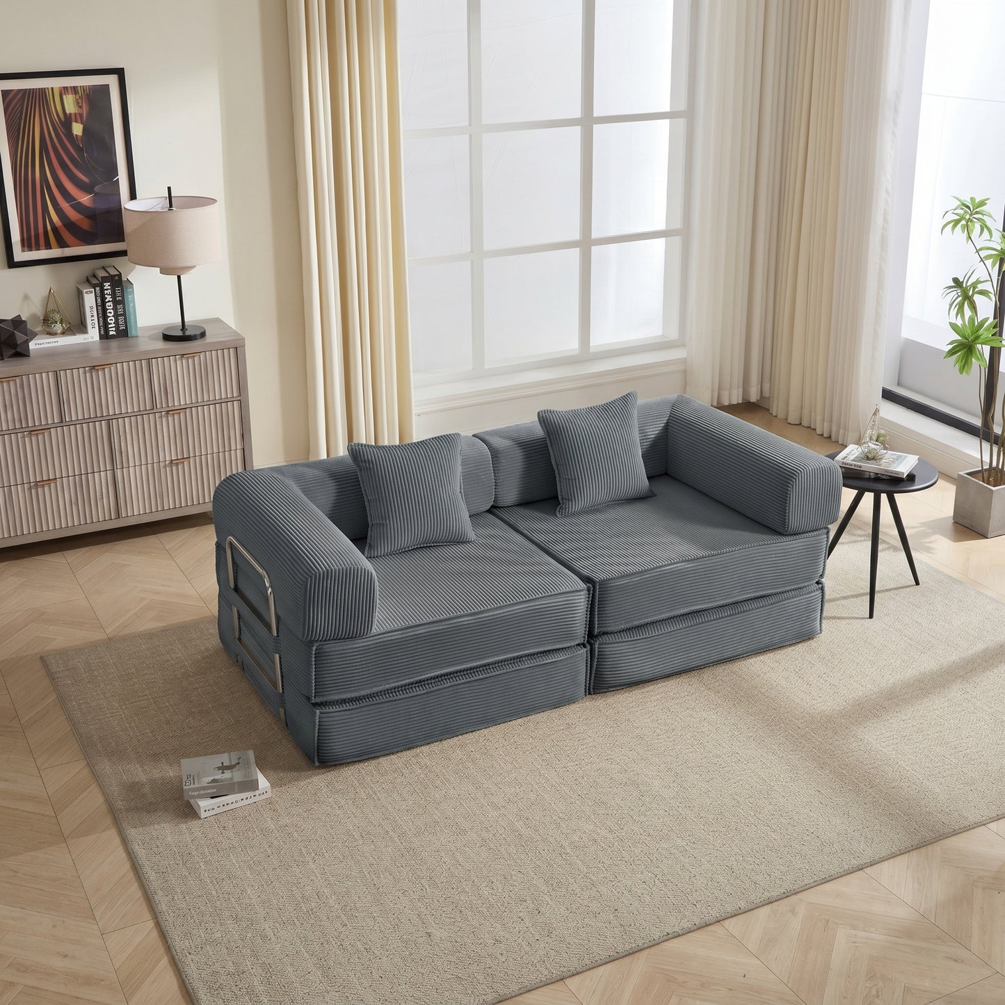 78 Convertible Sofa Bed, Modular Corduroy Couch With 2 Pillows, Space-Saving Compressed Floor Sofa, Ideal For Living Room, Bedroom, Apartment,Grey.