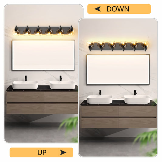 Farmhouse Bathroom Vanity Light Fixtures, 6-Light Bathroom Light Fixtures Over Mirror, Rustic Sconces Wall Lighting With Glass Shade For Living Room, Bedroom, Hallway