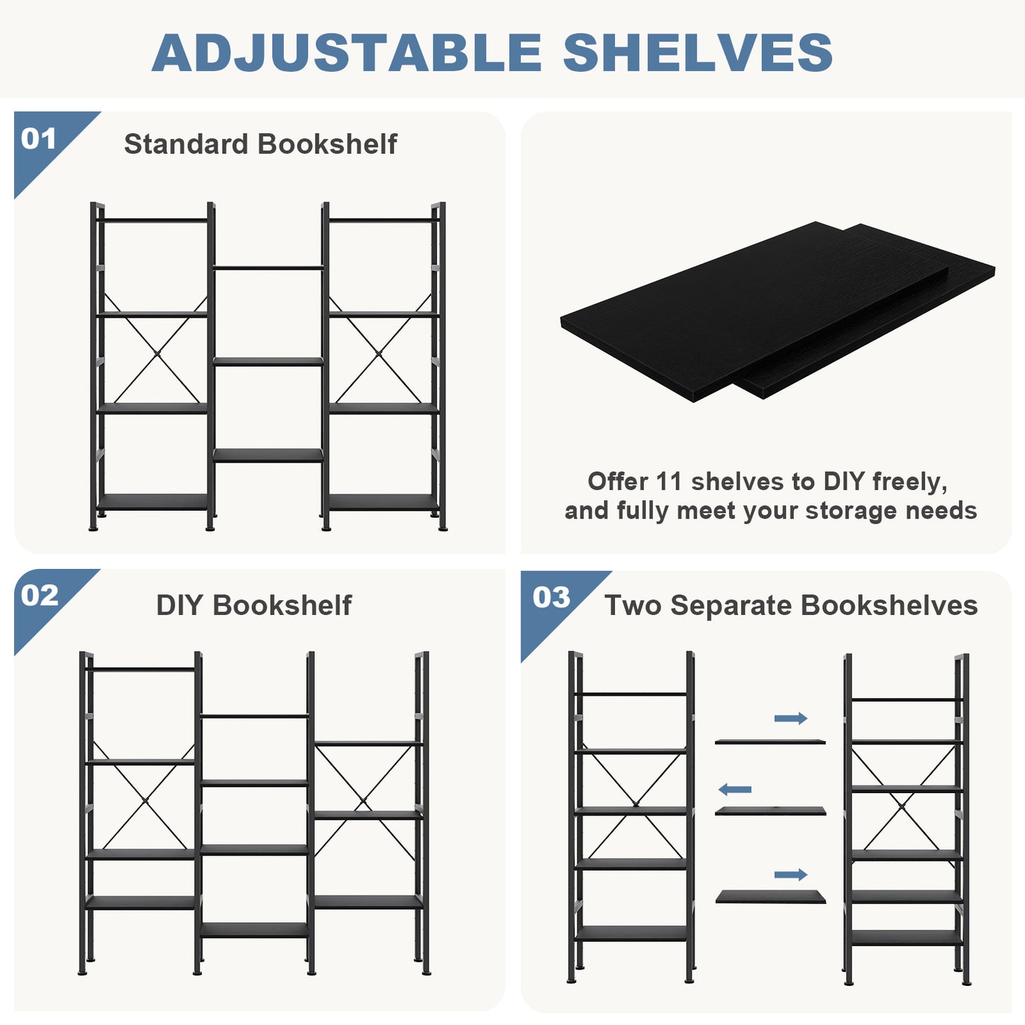 A Wide Bookshelf With Adjustable Shelves, Which Can Be Transformed Into An Industrial-style Display Unit With Three Columns And Four Layers.