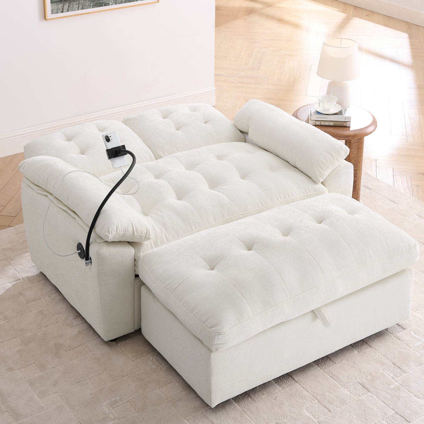Leisure Sofa Chair,Double Sofa Recliner, With Manually Adjustable Backrest, Soft Padded Armrests, Side USB Charging Port And Phone Stand, Comes With A Matching Storage Ottoman-Beige