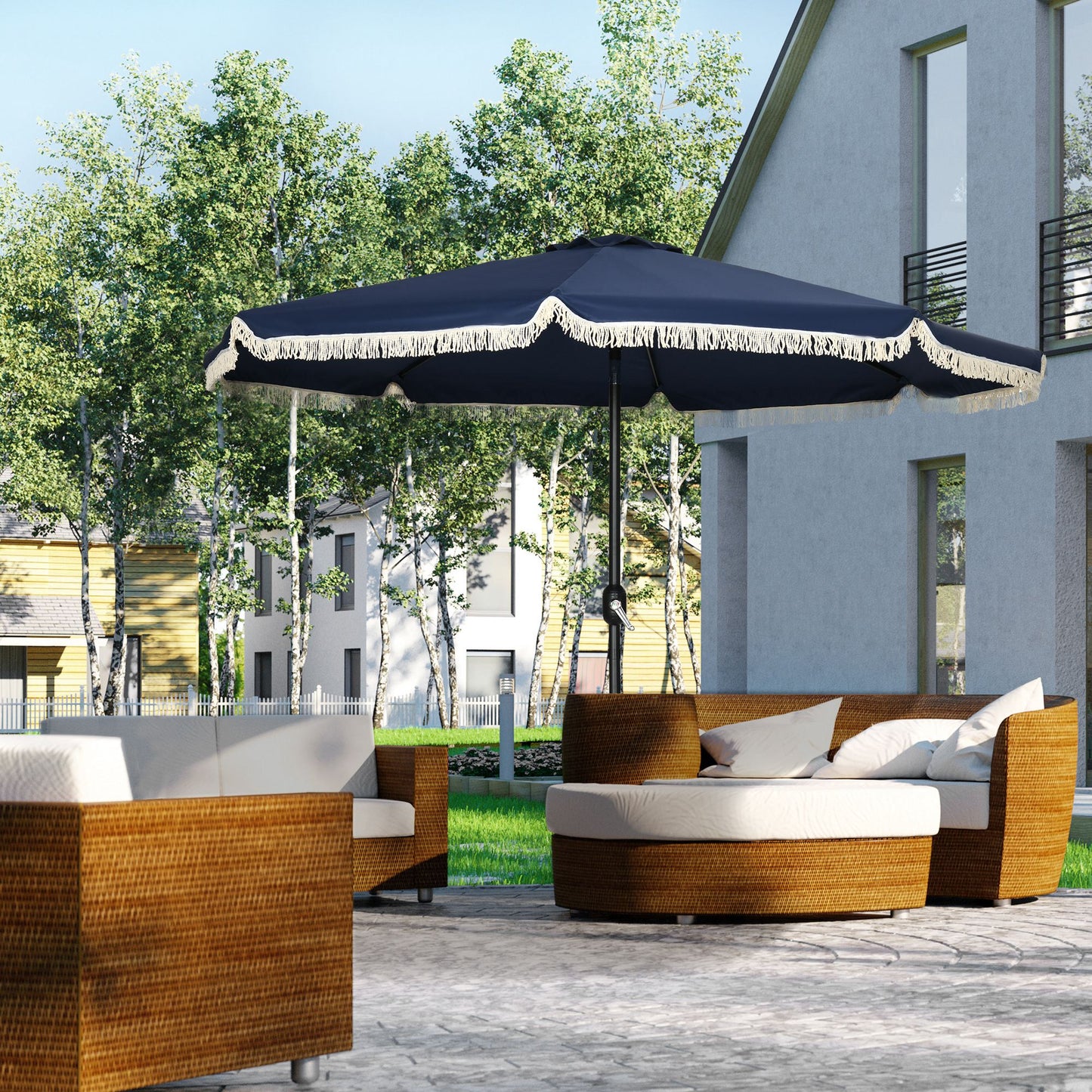 9ft Patio Umbrella Outdoor Table Umbrella W/ Tilt, Crank, Ruffled, 8 Ribs For Garden, Deck, Pool, Dark Blue