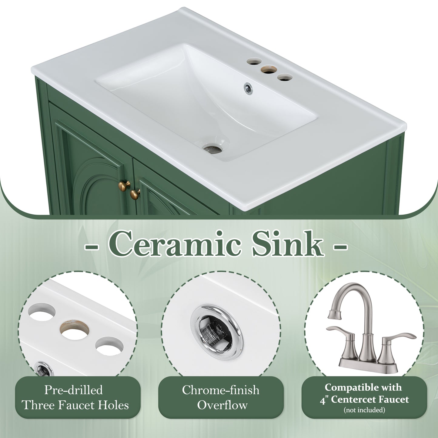30 Bathroom Vanity With Sink, Two Doors With Shelf, Soft Close Door Hinges, Vintage Style, Green