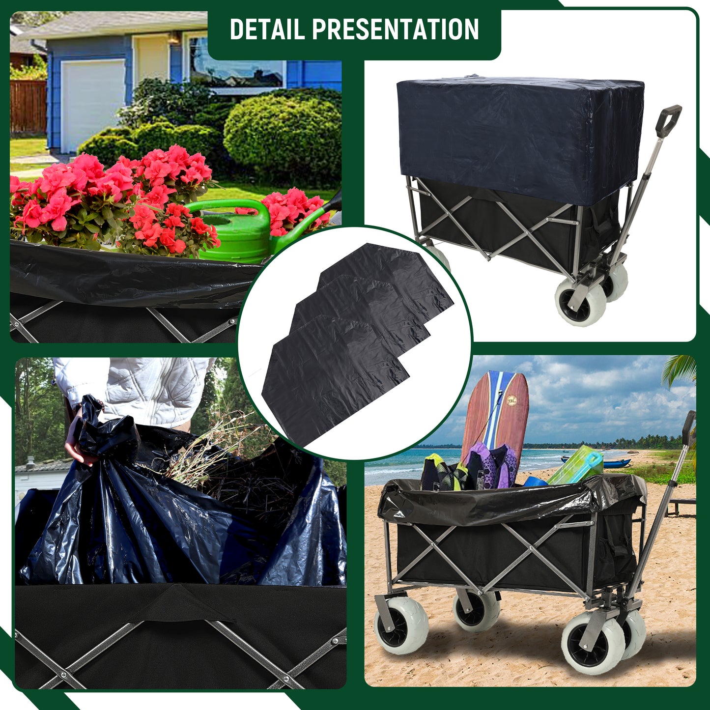 Beach Wagon With Big Wheels For Sand 500lbs Capacity - All Terrain Steel Frame Utility Cart With 9 Pneumatic Tires Collapsible Folding Design Strap With Multiuse Bag Black