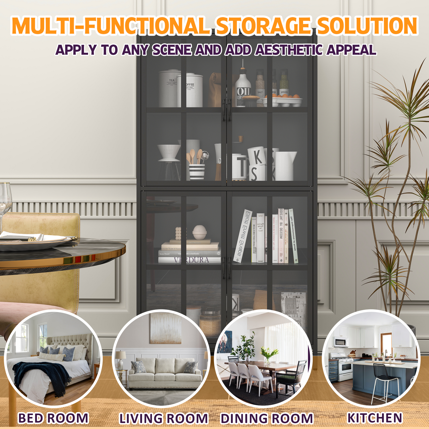 Premium Black Metal Storage Cabinet With Tempered Glass Doors, Adjustable Shelves, Anti-Tipping Device, Magnetic Silent Closure, And Adjustable Feet For Home And Office Use