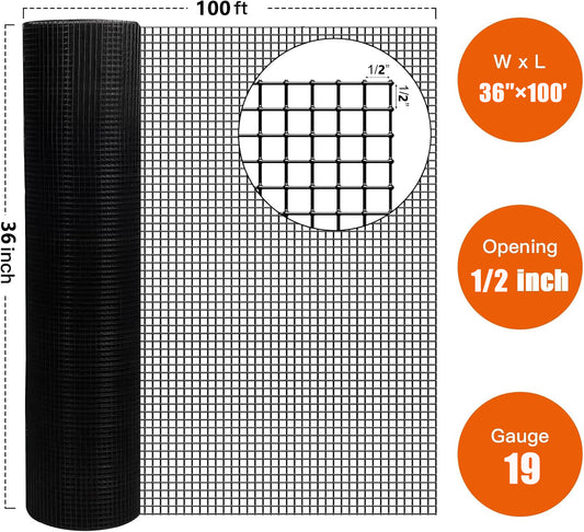 36 Inchx100 Ft Black Vinyl Coated Hardware Cloth, 19 Gauge 1-2 Inch Black PVC Hardware Cloth, Black Welded Wire Fence Supports Poultry-Netting Cage-Home Improvement And Chicken Coop