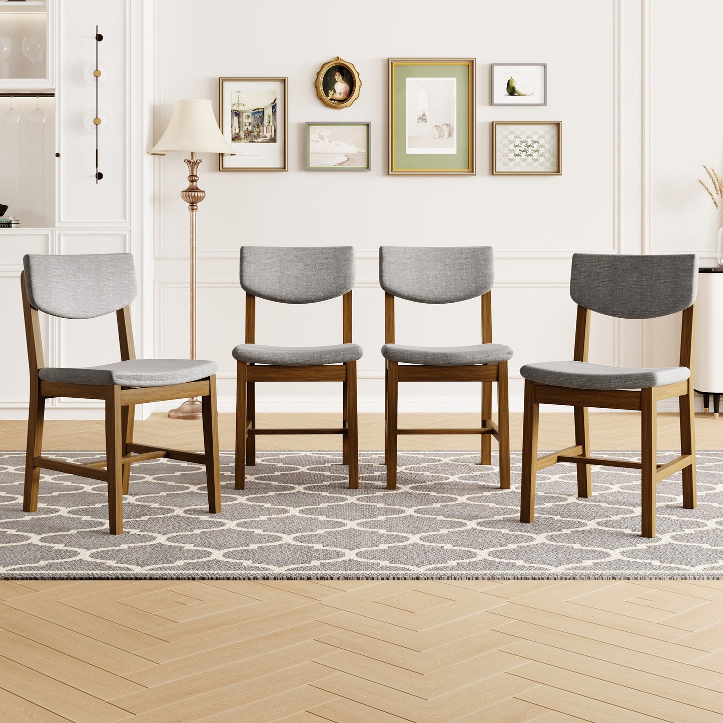4-Piece Rustic Farmhouse Dining Chair - Solid Wood Frame With Gray Fabric Cushion, Upholstered Accent Chair For Kitchen, Dining Room, Living Room, Walnut