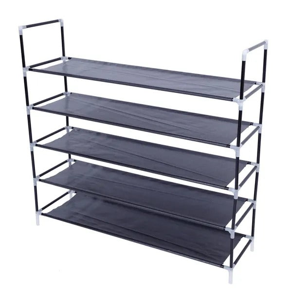 Simple Assembly 5 Tiers Non-woven Fabric Shoe Rack With Handle Black RT