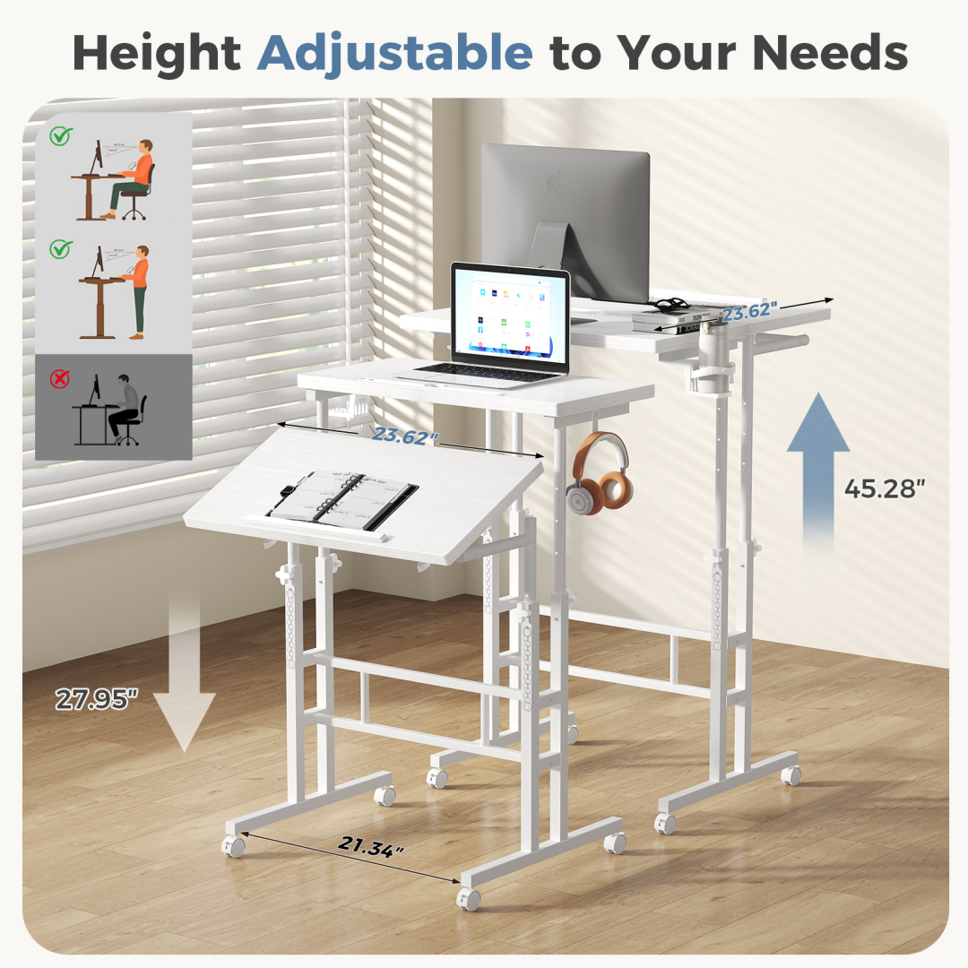 Separate-top Rotating Standing Desk, Manually Adjustable-height Wheeled Mobile Worktable, Sit-stand Dual-purpose Office Desk