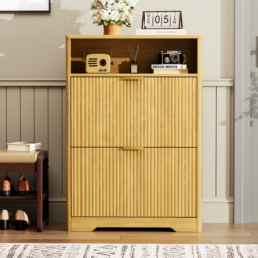 Shoe Cabinet Storage For Entryway Hidden Shoes Storage Cabinet With 2 Flip Drawers, Tall Free Standing Shoe Organizer Rack For Foyer, Hallway. Natural,31.6 L X 9.6 W X 40 H.