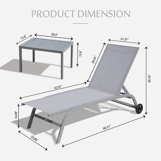 Chaise Lounge Outdoor Set Of 3, Lounge Chairs For Outside With Wheels, Outdoor Lounge Chairs With 5 Adjustable Position, Pool Lounge Chairs For Patio, Beach Grey,2 Lounge Chairs 1 Table
