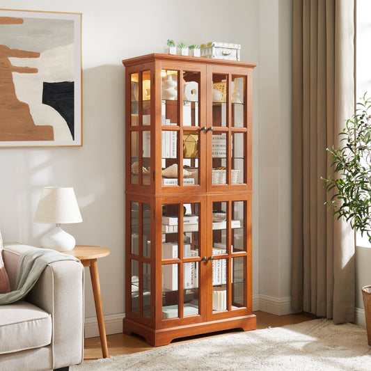 Vintage Curio Display Cabinet With Glass Doors - Antique Showcase For Collectibles, Four Adjustable Shelves, E26 Bulb Included, Perfect For Home Or Office Decor-DARK OAK