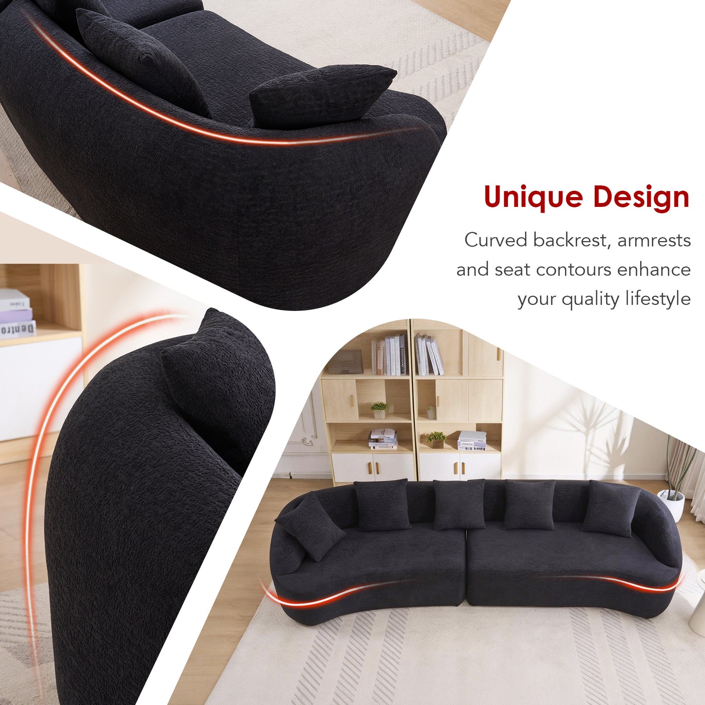 Compression Sponge Sofa Black Curved Modular Sectional 30D High-Density Chenille Sleeper Couch For Apartment Living Room 110L