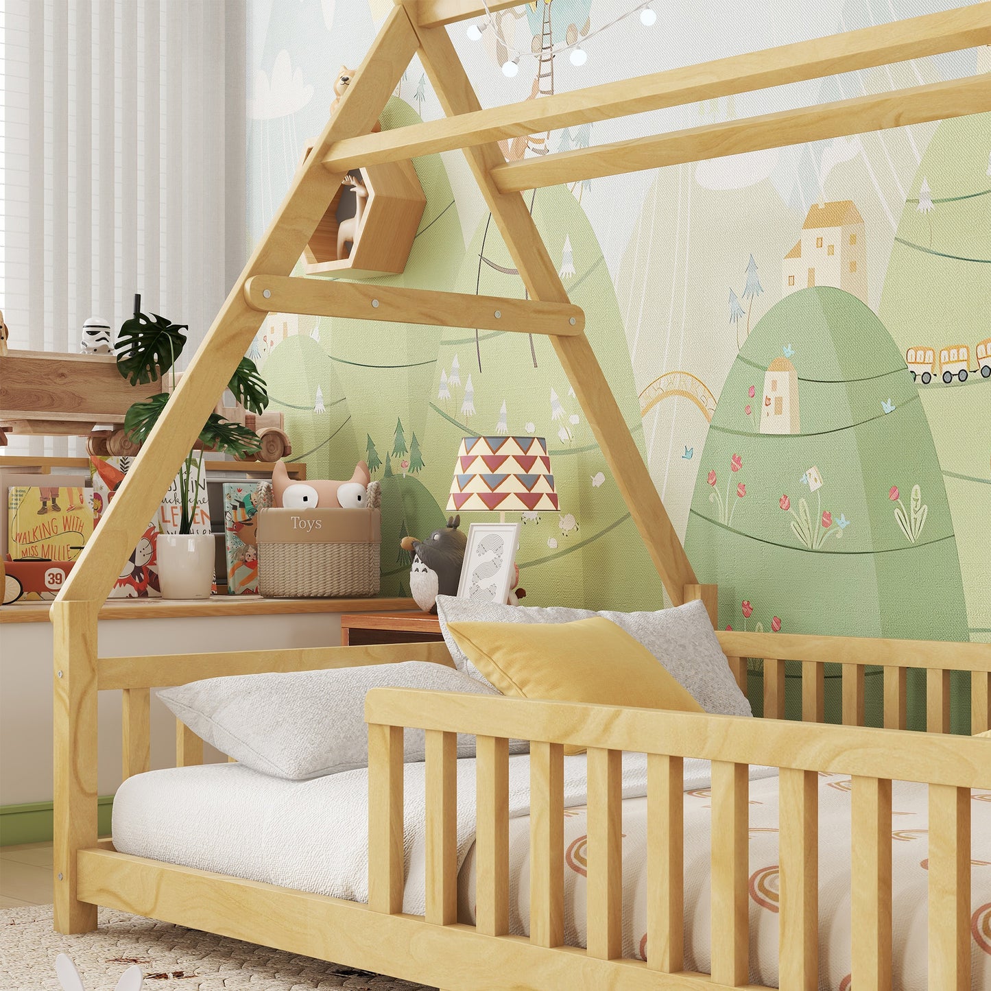 Full House Bed With Light, Low Floor House Bed With Fence And Roof For Kids Boys Girls,Natural