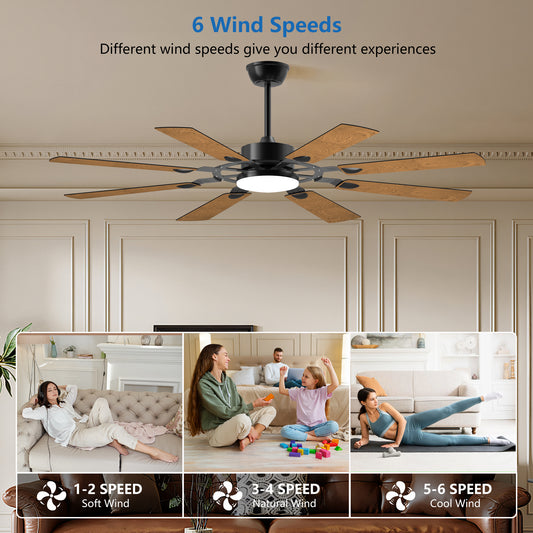 60 Inch Ceiling Fan With Lights And Remote Control, 8 Plywood Blades, 6-Speed Noiseless Reversible DC Motor, 3CCT, Windmill Ceiling Fan For Kitchen Bedroom Living Room, Black
