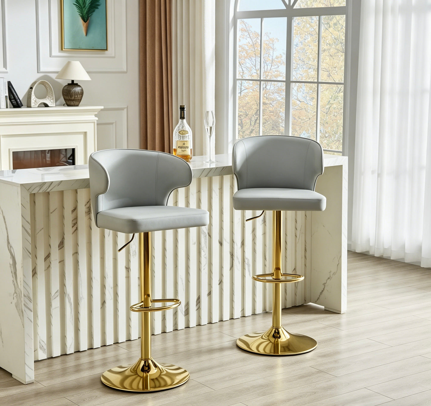 Modern Rotating Adjustable Bar Chair, PU Leather Belt Backrest Swivel Chair, Suitable For Kitchen Bar Counter And Dining Room, Adjustable Height, Capable Of Bearing 300 Pounds Grey -2 Pieces