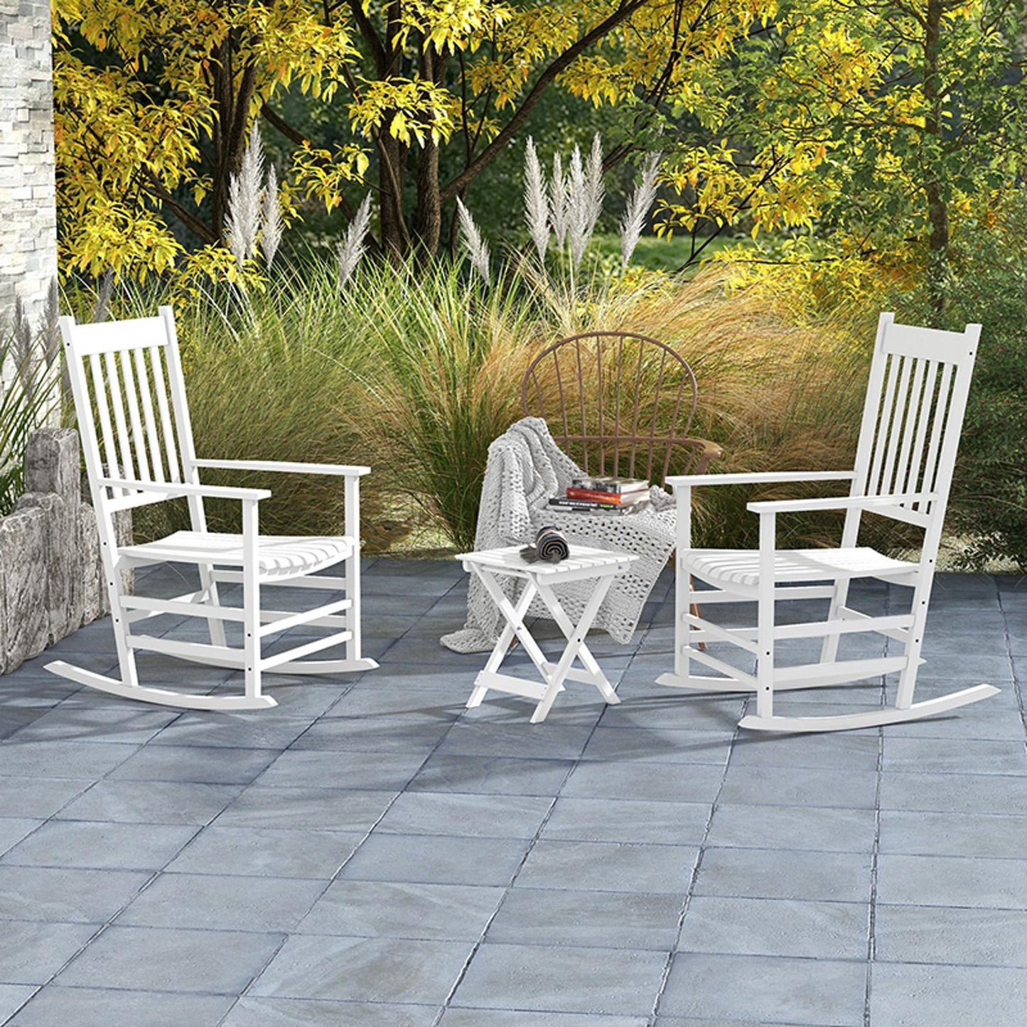 Outdoor Rocking Chair Set Of 2 With Side Table, Patio Wooden Rocking Chair With Smooth Armrests, High Back For Garden, Balcony, Porch, Supports Up To 352 Lbs. , White