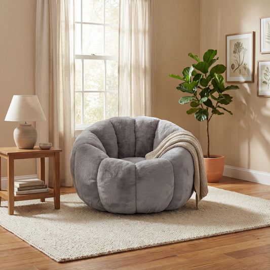 Adult Bean Bag Chair, Floral-Shaped Bean Bag Sofa, Ultra-Soft Faux Fur Sofa, Large Reading Chair For Living Room Or Bedroom, Gray, Single-Seater