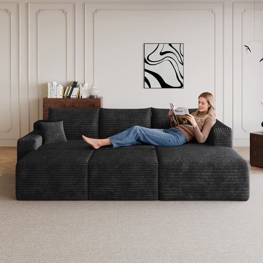 95 Cloud Sectional Sofa With 2 Ottoman,Modern Minimalist Upholstered Couches, Comfort U Shaped Sofa For Living Room,Deep Seat Corner Couch,No Assembly Required,Black Plush Corduroy Fabric