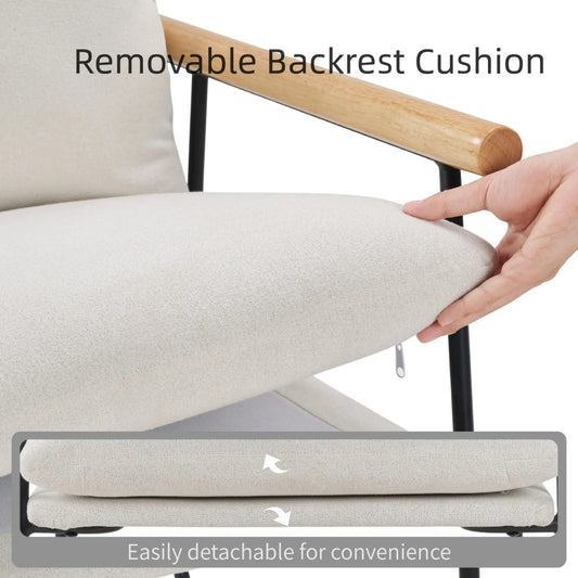 Modern Accent Chair, Comfy Chair With Removable Cushion, Vanity Chair With Wood Armrests For Living Room, Bedroom, White