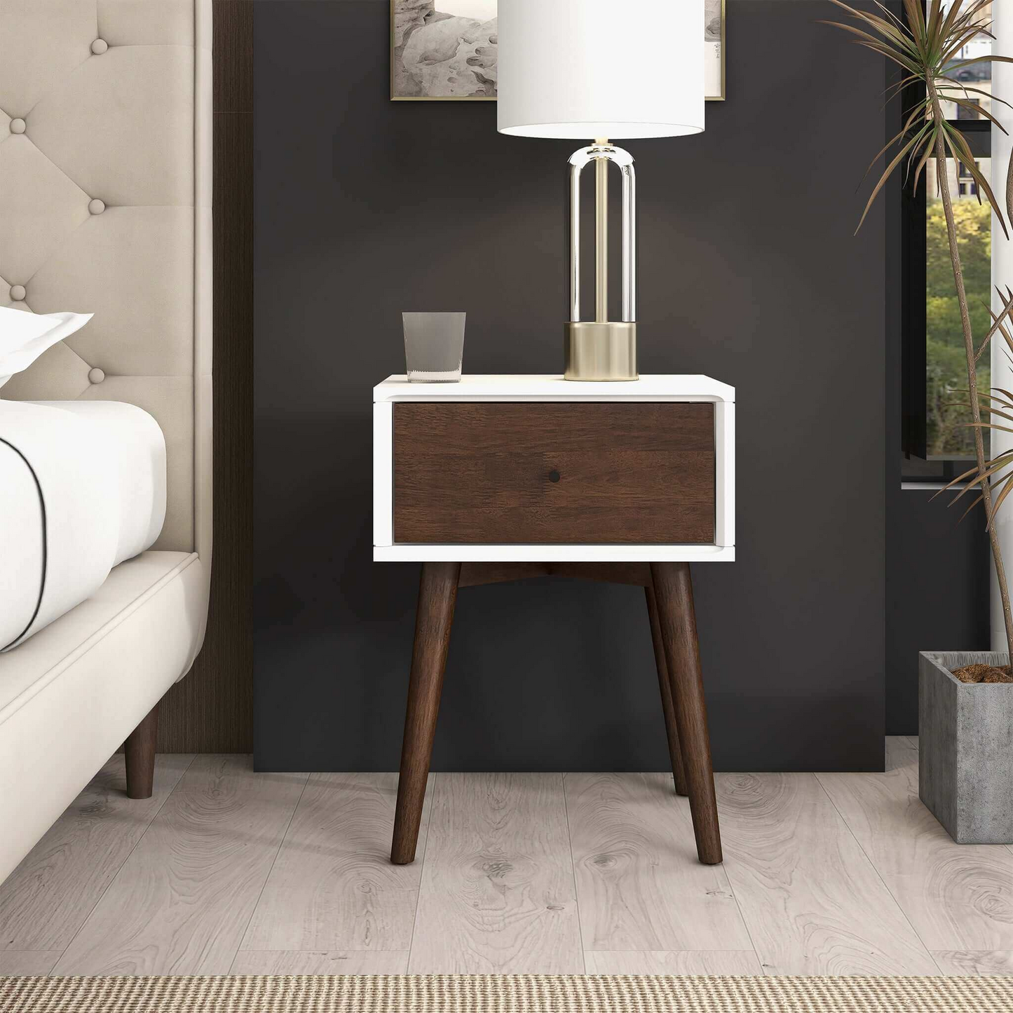 Avery Mid-Century Modern Solid Wood Night Stand 1 Drawer Dark Brown White 22.5 H X 17.5 W X 16 D For Bedroom, Hallway, Entryway, Closet