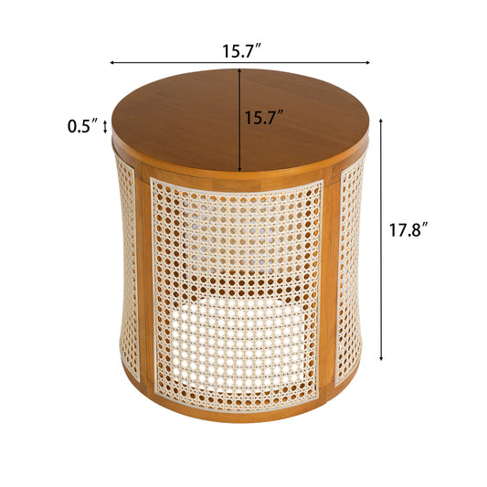 15.70 Round End Table, Hollow Woven Side Table, Small Rubber Wood Nightstand, Rattan Woven Tea Desk, Round Wood Tabletop, Chic Home Decor Desk, Easy Assembly, Ochre Color