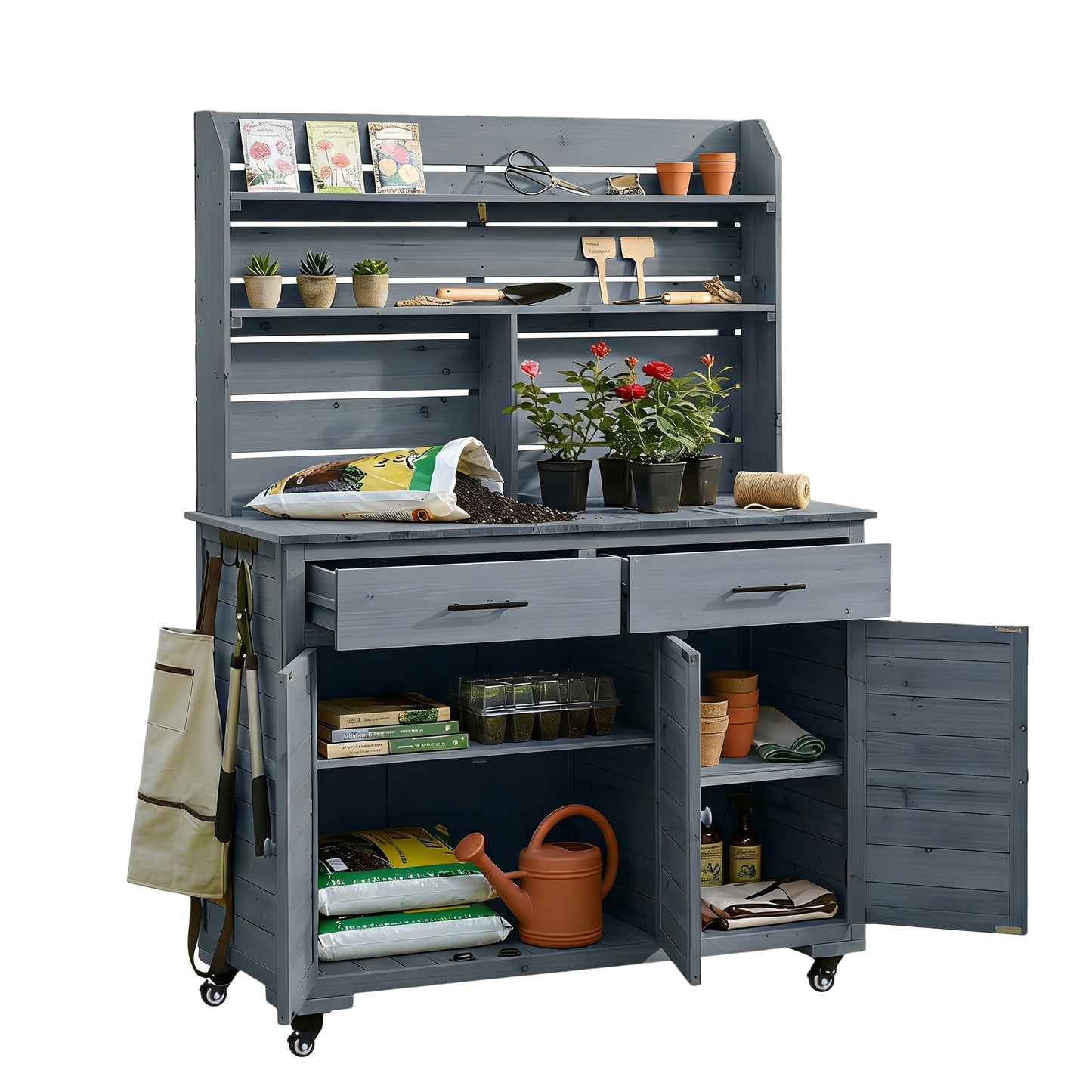 Assembly Video TOPMAx 65 H Large Garden Potting Bench With Lockable Wheels And Storage Cabinet Wood Outdoor Kitchen Island Prep Cart With Hutch Top Drawers And Removal Shelves For Grilling Gray