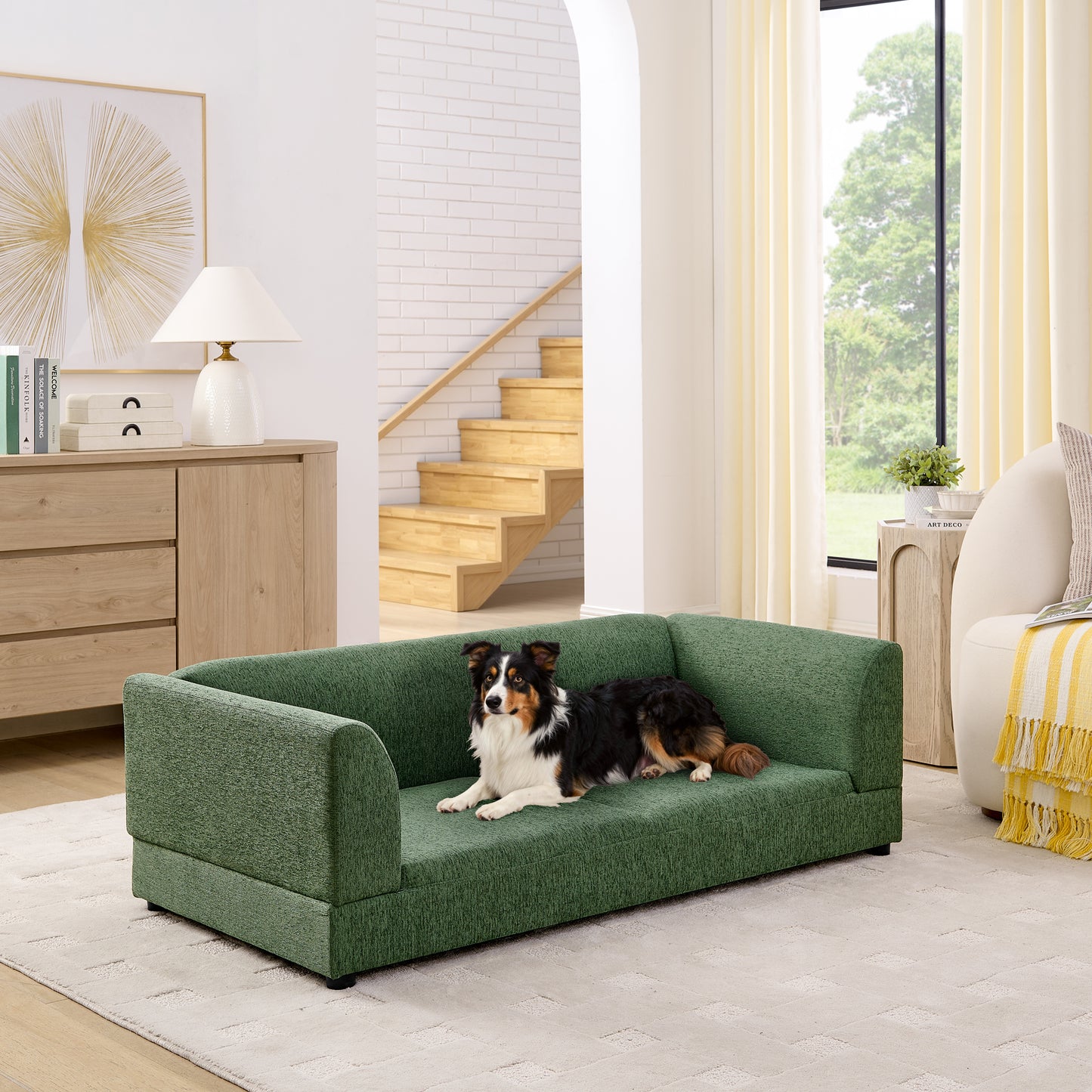 Comfortable Oversized Pet Sofa For Medium-Large Dogs Modern Rectangular Design With Backrest, Armrests Soft Cushion -OLIVE GREEN 56.5x26x17