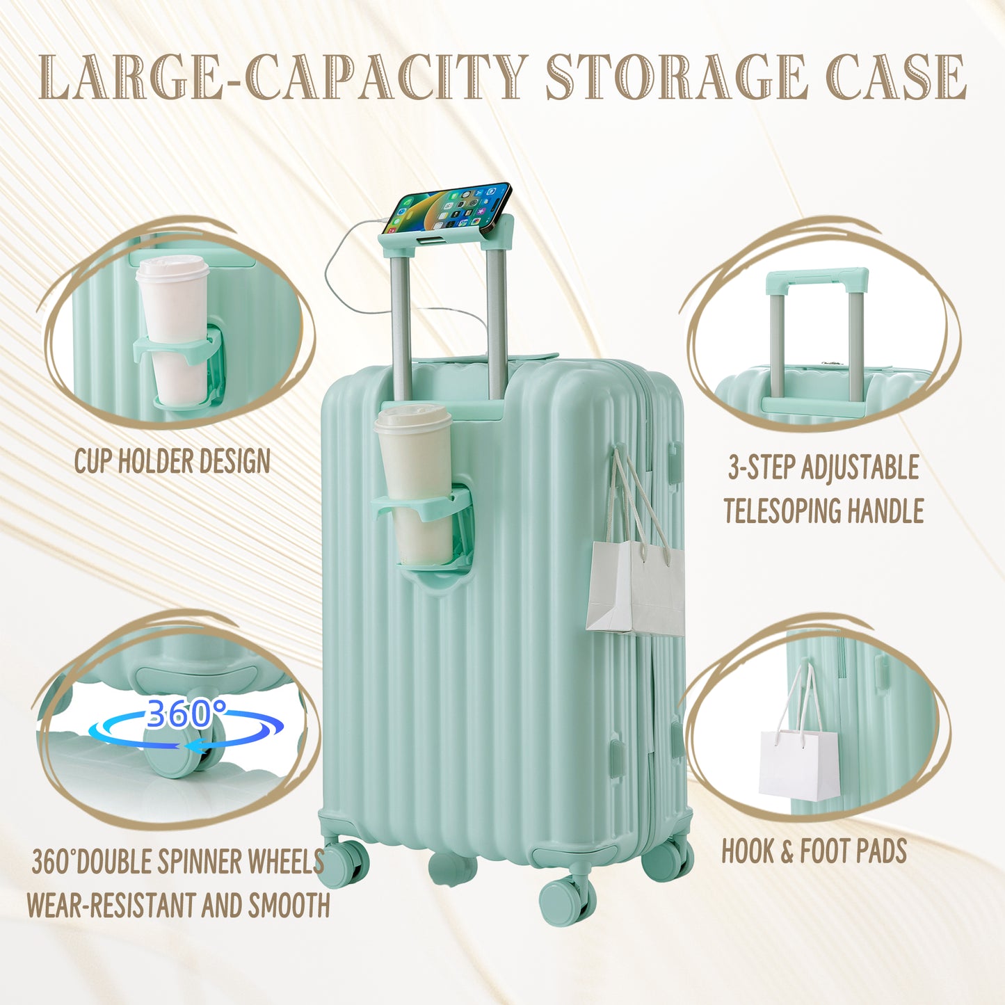 20 24 28 3 Pcs Set In ABS Spinner Wheel Luggage, Carry On Suitcase, With Cup Holder & USB Port & Phone Holder Mint Green