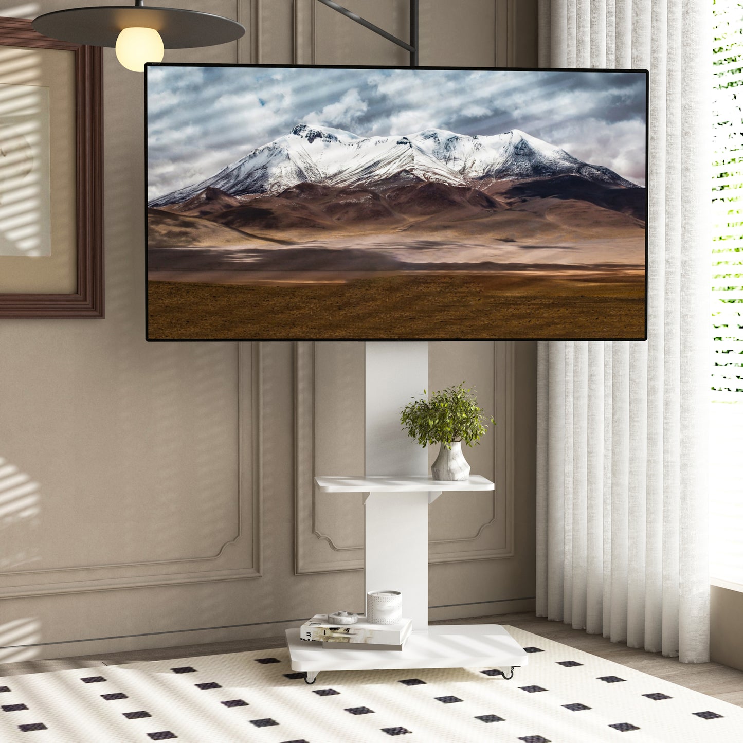 TV Stand With Shelf For Living Room, Bedroom,Offices,Mobile TV Cart For 32-75 Inches,Floor Stand With Mount On Lockable Wheels,White