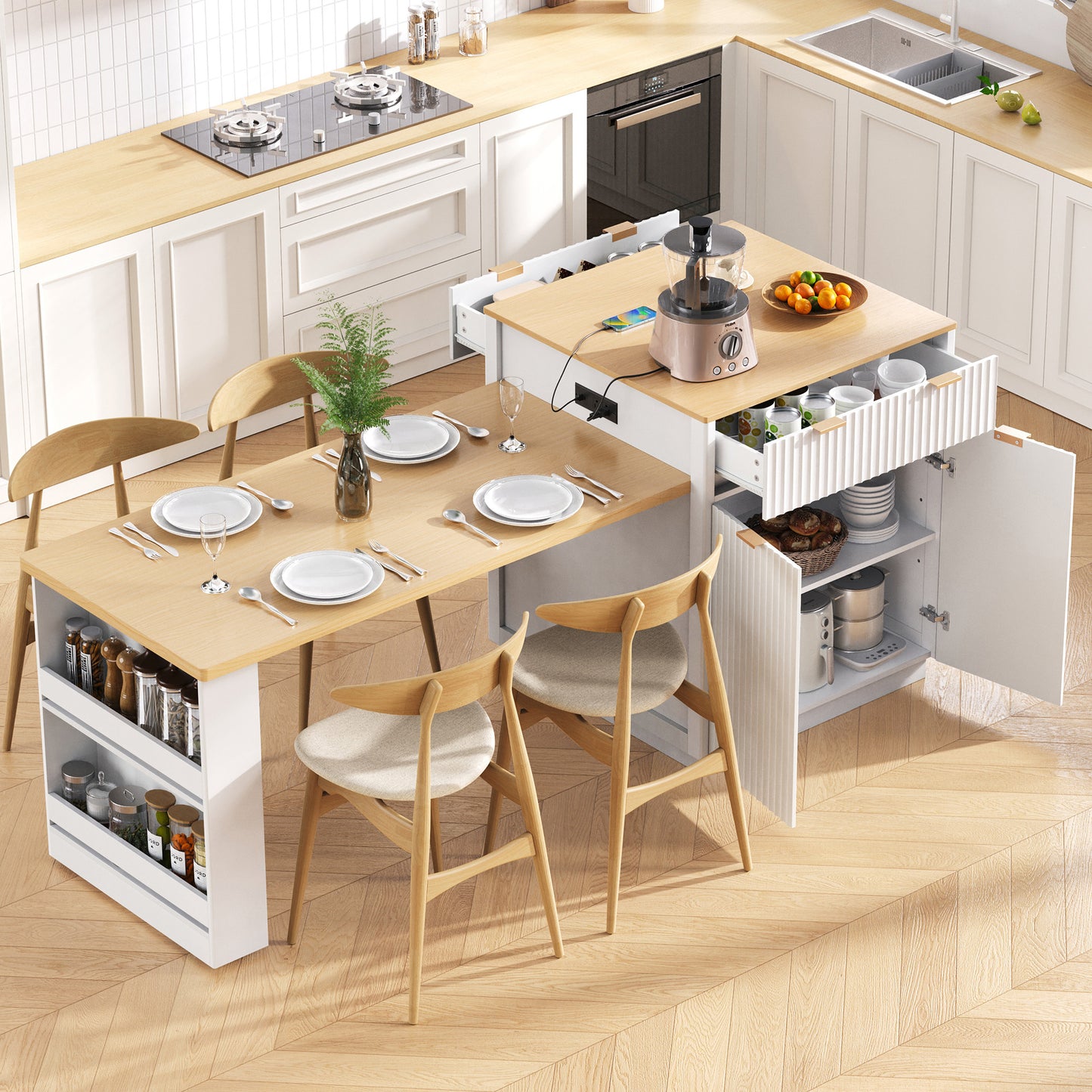 K&K 82.6 Fluted Kitchen Island With Extendable Dining Table For 4 6, Island Table For Kitchen With Power Outlet, Kitchen Table With Double Side Storage, 2 Drawers 2 Side Open Shelves, White