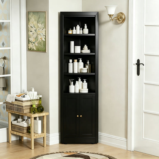 71 Tall Corner Storage Cabinet With 2 Doors, 5-Tier Metal Cabinet With Adjustable Shelves, Freestanding Kitchen Storage For Pantry, Living Room, Bathroom, Laundry Room, Space Saving Furniture, Black