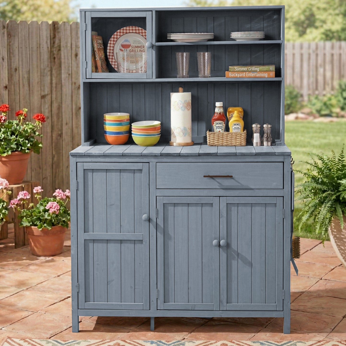 With Assembly Video TOPAMx Potting Bench With Hutch 65 H Solid Fir Wood Garden Workstation Large Countertop Patio Kitchen Island With Adjustable Shelves Spice Rack Side Hook And Drawer Gray