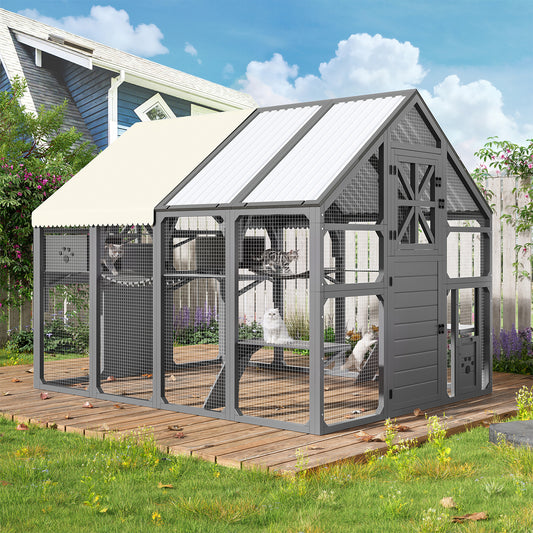 Extra Large Catio Outdoor Cat Enclosure, Walk-in Outdoor Pet House For Multiple Cats, Catio Cat Run Cage With Bridges, PVC Roof, Weatherproof Cover, 8 Platforms, 2 Resting Box, Grey