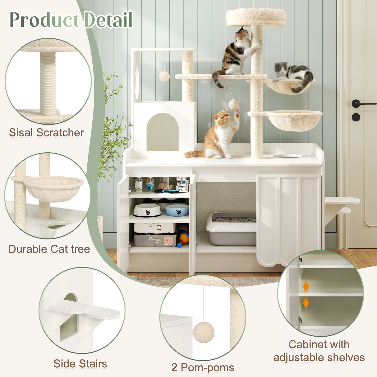 50.6 Cat Tree With Litter Box Enclosure, 5Cat Tower With Sisal Scratching Post And Storage Space, Hidden Litter Enclosure Furniture, All-in-One Modern Cat Condo With House, Hammock And Perch, White
