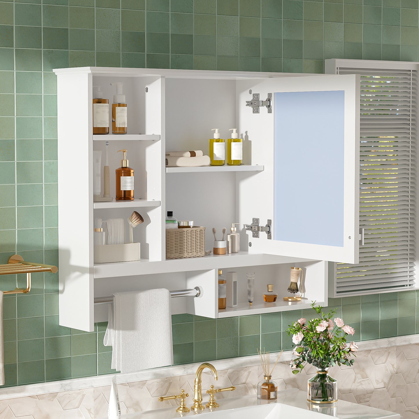 35 Inch Wall-Mount 2-in-1 Mirror Cabinet With Adjustable Shelves, Soft-Closing Hinges, Open Shelves, For Bathroom Vanity, Living Room, Bedroom Storage Organizer